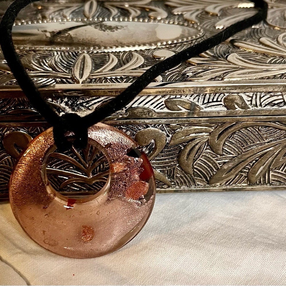 Handmade Dichroic Glass Donut Pendant Necklace Rose Pink Gold Fused Art Jewelry - Picture 17 of 17